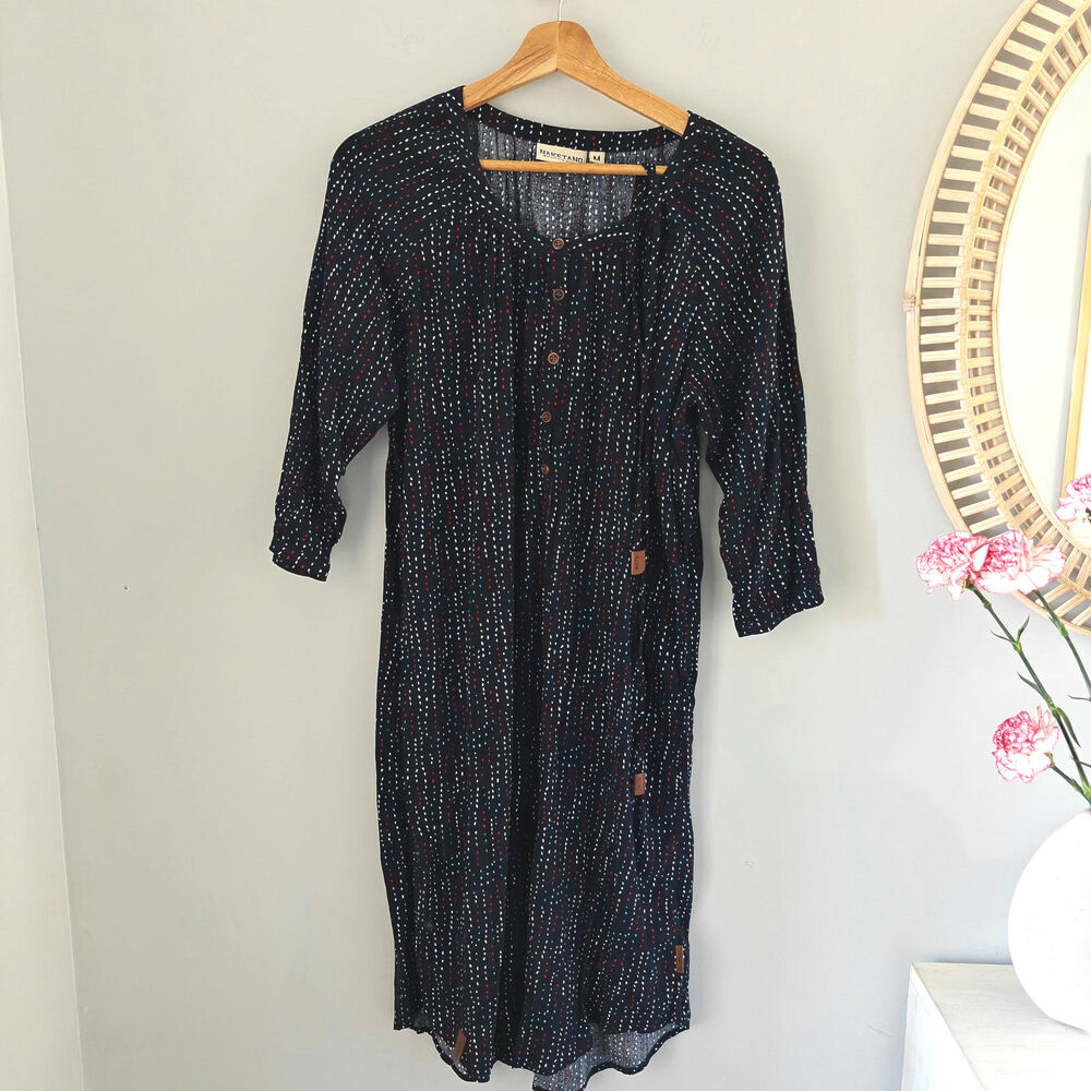 NAKETANO 3/4 Sleeve Dot Print Midi Dress, Navy, Button Front, Tie Waist, M